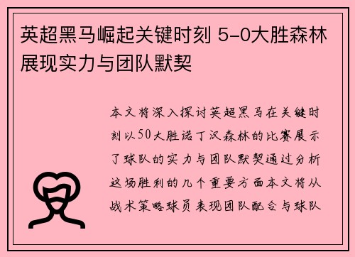 英超黑马崛起关键时刻 5-0大胜森林展现实力与团队默契